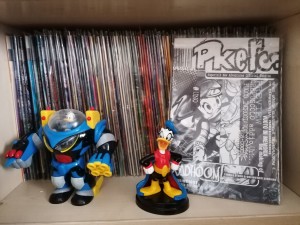 Le prime serie di Pk, Pk2 e Frittole, con un paio di action figure a caso e i numeri della fanzine Pkers